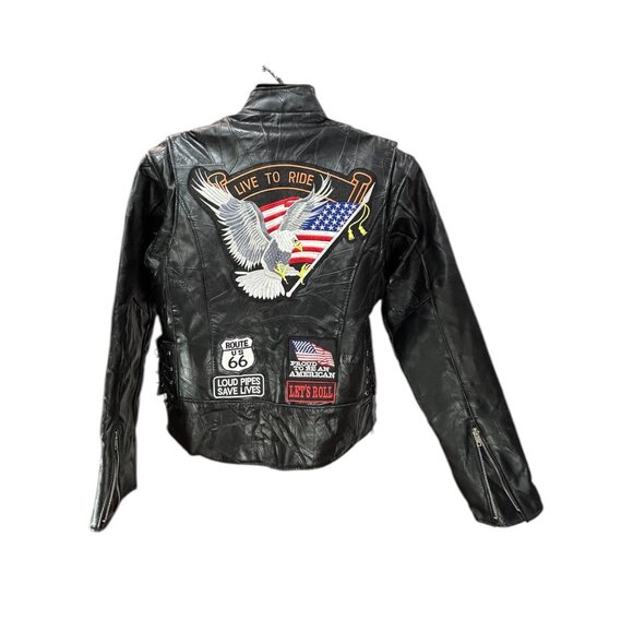 DIAMOND PLATE Buffalo Genuine Leather Biker Jacket Mens M Customized Patches - Picture 4 of 9